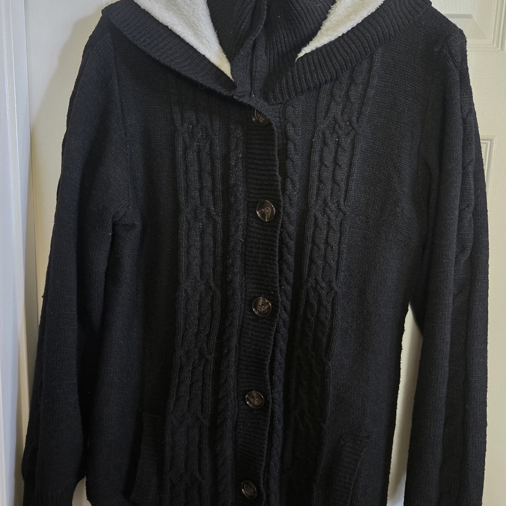 Black Cable Knit Hooded Cardigan